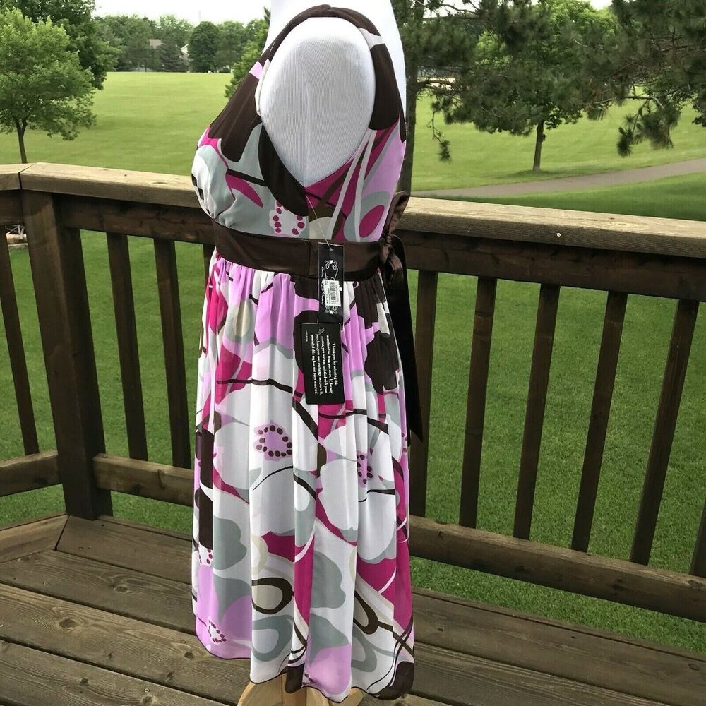 Trixxi Empire Dress Women's Size 3 Surplice Purple Brown Floral Slvls Tie New - Picture 8 of 12